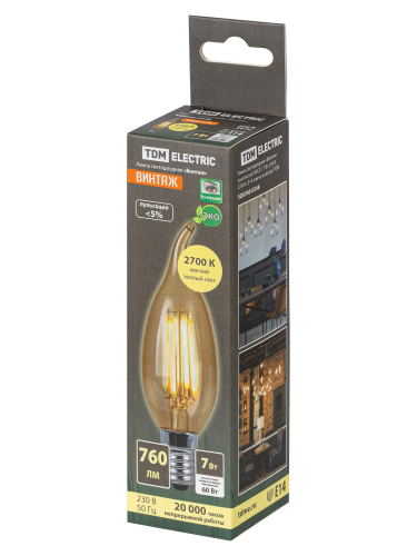 Лампа светодиодная «Винтаж» золотистая WFС37, 7 Вт, 230 В, 2700 К, E14 (свеча на ветру) TDM фото 3