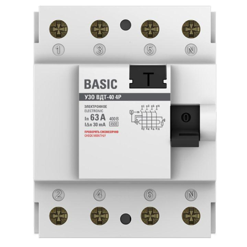 Выключатель дифференциального тока (УЗО) 4п 63А 30мА тип AC Basic электрон.EKF elcb-4-63-30e-sim фото 3