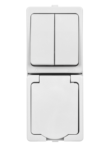 Блок (вертикальный) выключатель 2-кл. + розетка 2П+З с з/ш БКВР IP54 белый "Вуокса" TDM фото 5